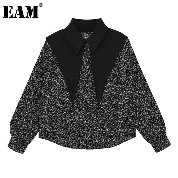 

[eam] women black floral print spliced blouse lapel long sleeve loose fit shirt fashion spring autumn 1dd6909 21512, White