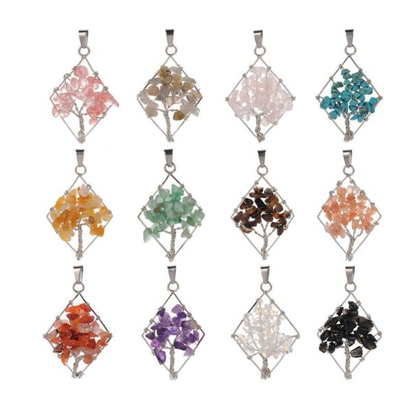 

pendants tree of life handmade wire wrap rhombus pendant natural stone gem gravel amethysts pink quartz tiger eye aventurine for necklace, Black