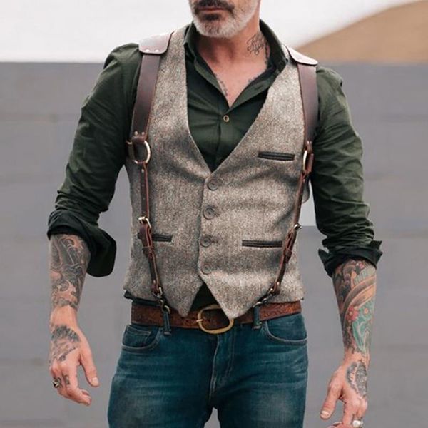 

men's vests wool tweed men suit victorian steampunk cosplay mens waistcoat with leather gentleman groomman wedding slim fit gilet, Black;white