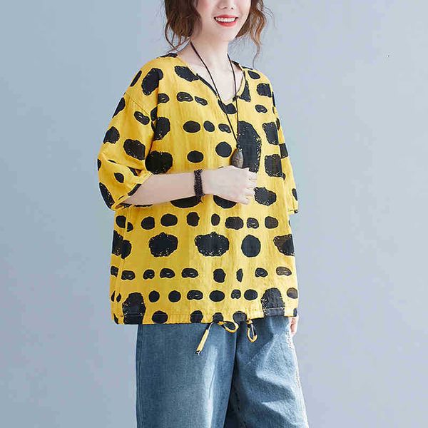 

women's t-shirt arrival summer women loose casual short sleeve v-neck t shirt polka dot print cotton linen t-shirt plus size w260 2dbu, White