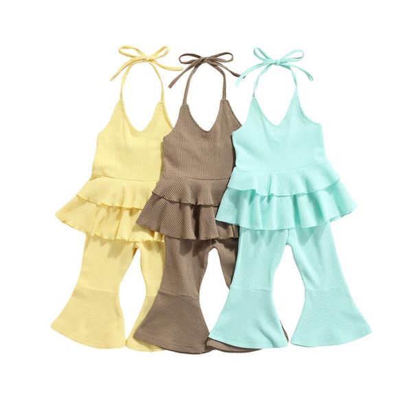 

clothing sets 2pcs girl outfits summer sleeveless solid color halter + flare pants set v neck girls toddler costume, White