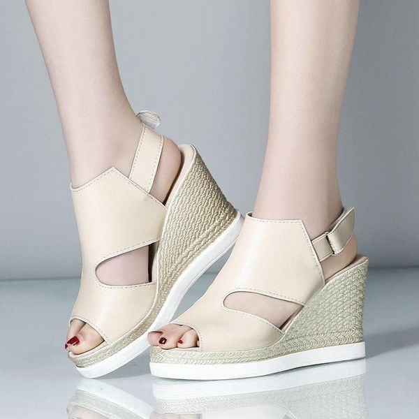 

women platform wedge summer sandals shoes ladies buckle strap knitted casual high heels size 34-43, Black