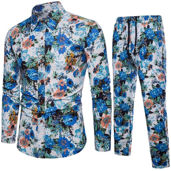 

men's tracksuits hawaiian printed shirt suit 2022 summer fashion long sleeve beach trousers casual linen cotton 2 piece set, Gray