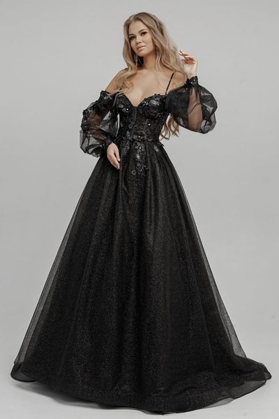 2021 Abiti da sposa gotici neri Abiti con spalle scoperte Maniche lunghe Paillettes Tulle Sparkle Goth Abiti da sposa con colori non bianchi