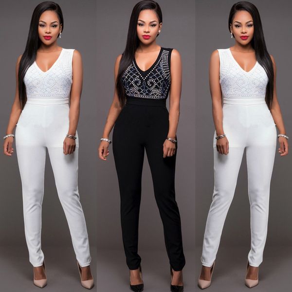 

jumpsuits,rompers beautiful trend big size autumn and winter women's v-neck drilling high waist mesh splicing jumpsuit