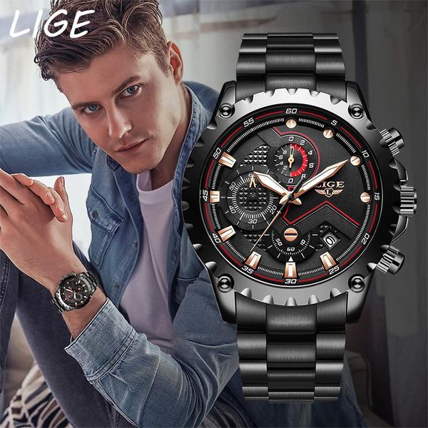 

wristwatches 2021 lige fashion mens watches with stainless steel sports chronograph quartz watch men relogio masculino, Slivery;brown