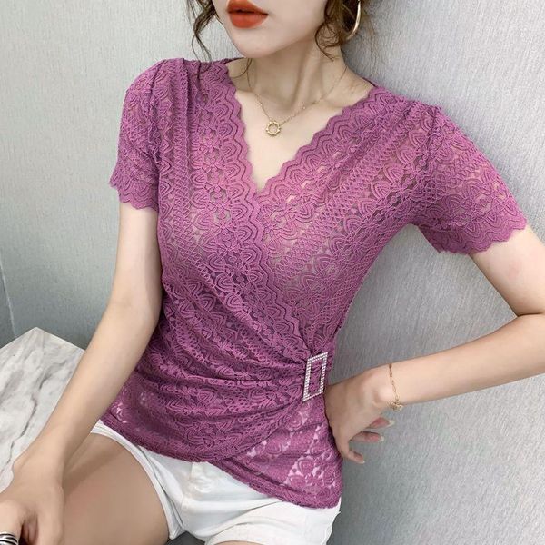 

women's t-shirt lace summer t shirt women plus size 2021 short sleeve v-neck tshirt hollow out clothes blusas mujer harajuku, White