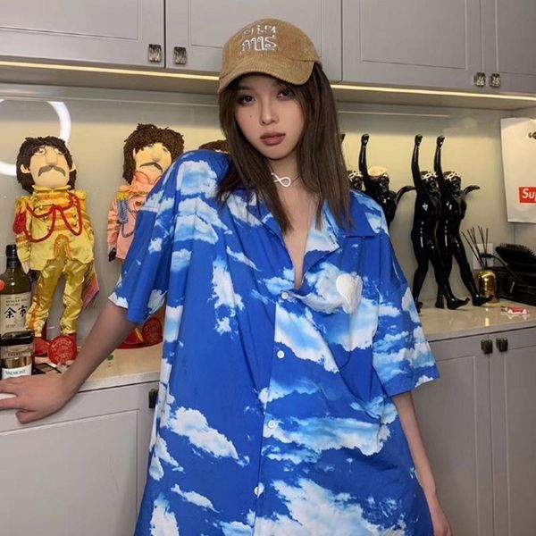 

women's blouses & shirts deeptown summer there was a japanese short sleeve shirt clouds print female harajuku graphic cardigan oversize, White
