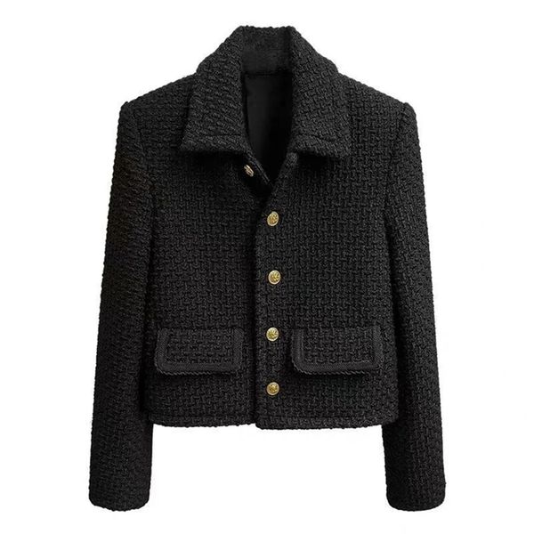 

vintage small fragrance cropped jacket women fall korean fashion black casual tweed elegant chic single breasted outwear 210922, Black;brown
