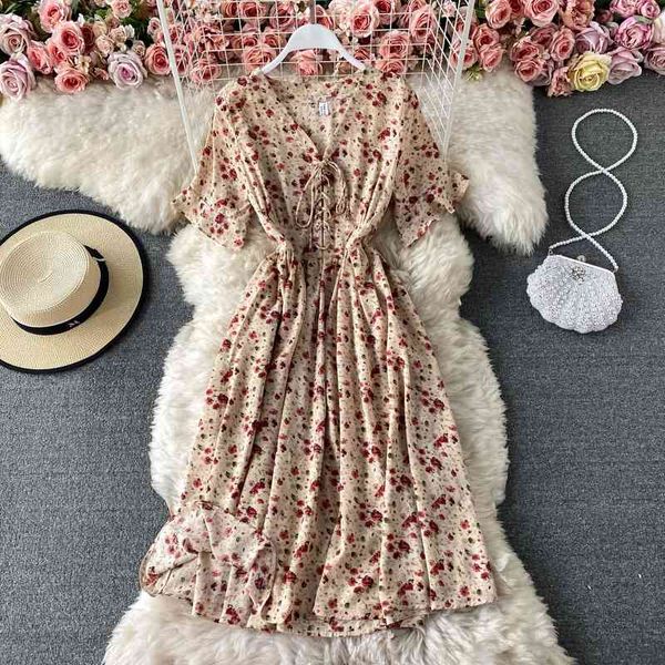 

casual dresses elegant retro midi beach dress for womens v-neck drawstring lace short sleeve slim lady a-line beach summer vestido, Black;gray