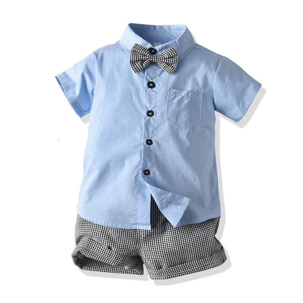 

children's clothing boys' summer short sleeve shirt plaid shorts two piece set, Blue
