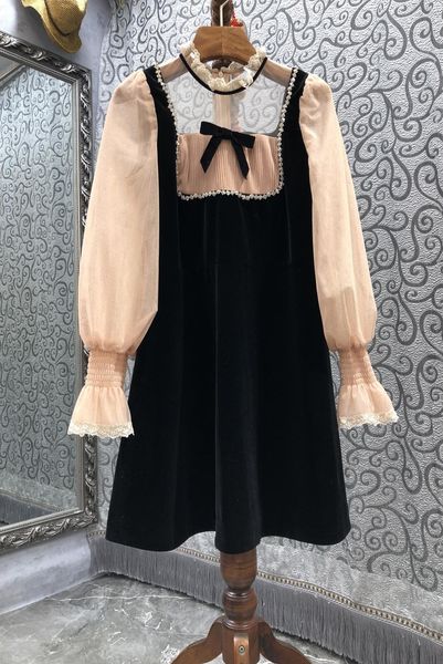 

lantern sleeve color matching velvet dress womens autumn european and american new sweet elegance short skirt 9z, White;black