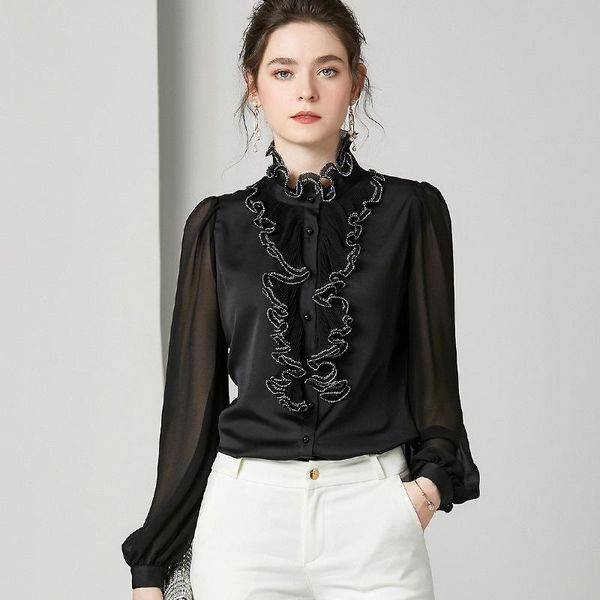 

women's blouses & shirts retro lolita ruffles silk sweet white office ladies long sleeve black sheer chiffon shirt women stand collar