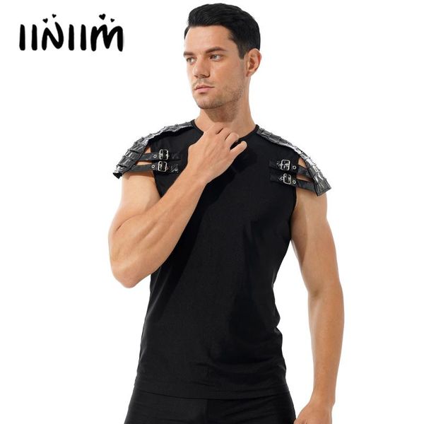 

men's t-shirts mens gothic punk patent leather shoulder t-shirt round neck short sleeve tees for halloween rock concert, White;black