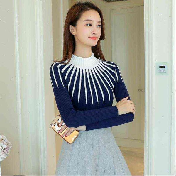 

women sweaters knitted turtleneck full sleeve patchwork striped pullovers female knitting stripes girls, White;black