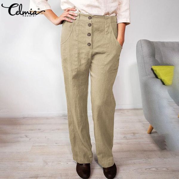 

women's pants & capris casual fashion women cotton linen long celmia plus size soild buttons trousers laides office elastic waist loose, Black;white