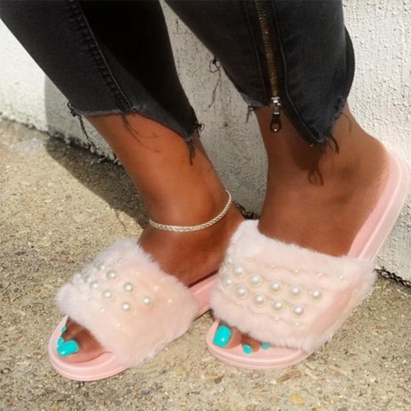 

winter women slippers women's pearl plush warm shoes woman fur slides ladies comfort fluffy flat female home footwear big size, Black