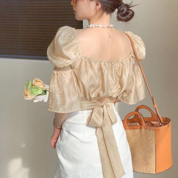

women's blouses & shirts casual elegant women puff sleeve off shoulder vintage korean bandage sweet chic beach boho summer 2021, White