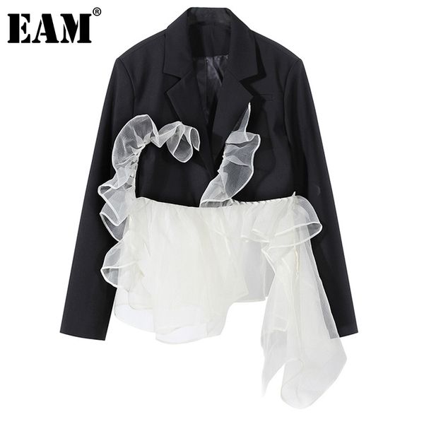 

[eam] women black ruffles organza irregular blazer lapel long sleeve loose fit jacket fashion spring autumn 1dd8076 21512, White;black