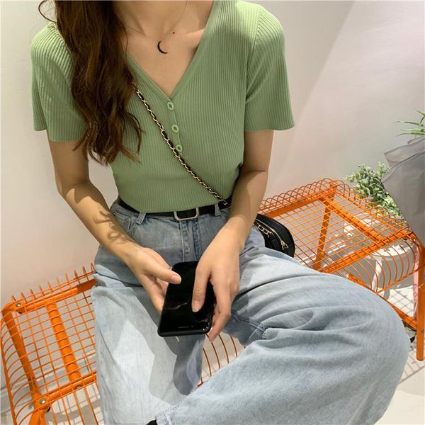 

women's t-shirt 2021 women shirt v-neck t-shirts knit shirts t05, White