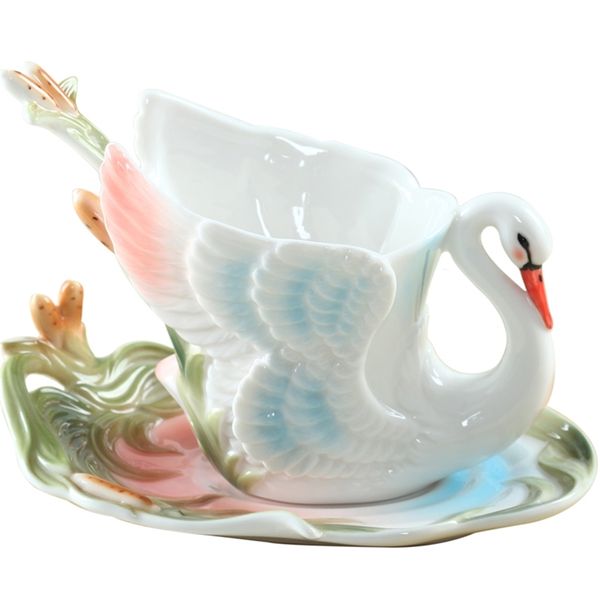 Caneca de café da cisne branca alta do esmalte da cisne de alta qualidade caneca e prato Creative handmade da porcelana da porcelana do chá de leite do chá e da colher do pires ajustados 210804