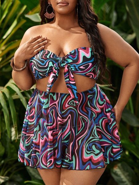

3pack plus fluid pattern knot bikini swimsuit & beach skirt n9zs#, Black