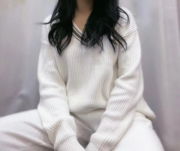 

time-limited wool winter women's suit knit two-piece women 2 piece outfits for v-neck lantern sleeves casual cashmere two pants, White