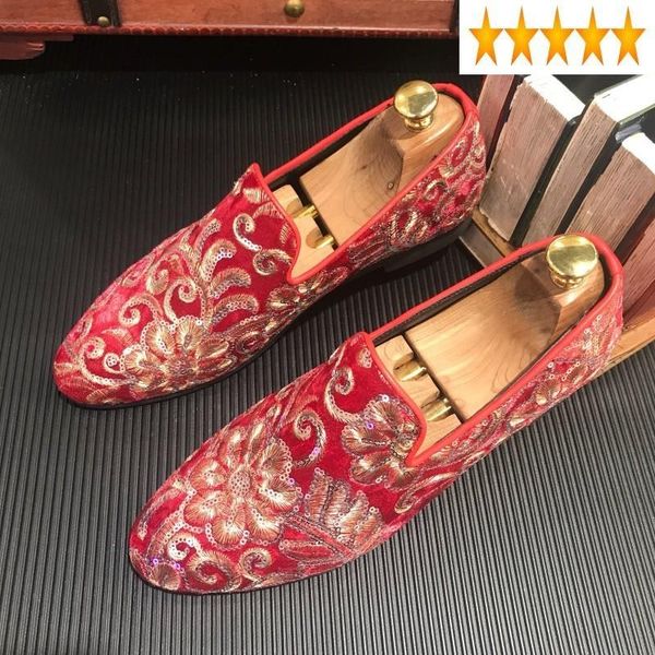 

dress shoes embroidery mens bling sequins groom wedding party formal male pointed toe leather slip on loafers, Black