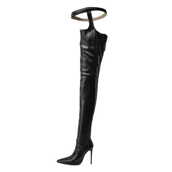 

boots pointed head belt buckle nightclub performance over the knee super high heel wearable sleeve pole dance female, Black