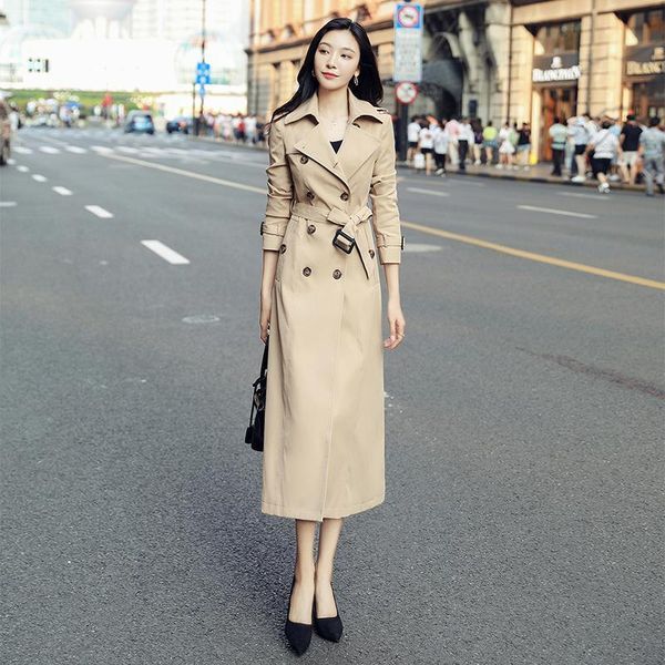 

autumn winter women vintage long trench double breasted windbreaker elegant slim solid coat with belt 210423, Tan;black