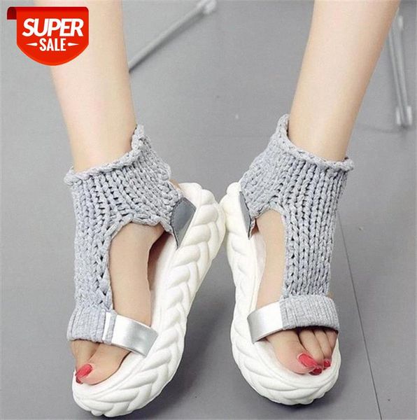 

knitted elastic sandals new summer shoes women fashion mesh open toe flat sweet hollow slip-on female platform #0q87, Black