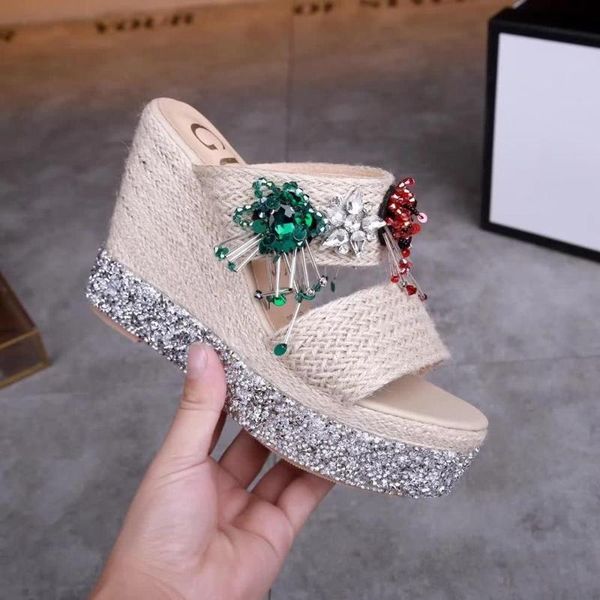

slippers shoes woman leather platform flip flops women slingbacks 10cm 3cm outside slipper brand fashion weave slides, Black