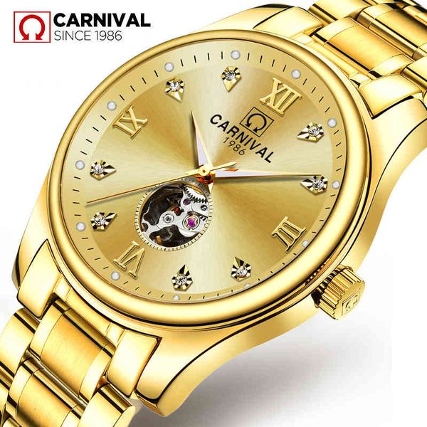 

carnival brand luxury gold automatic business watches men waterproof fashion hollow mechanical clock relogio masculino, Slivery;brown