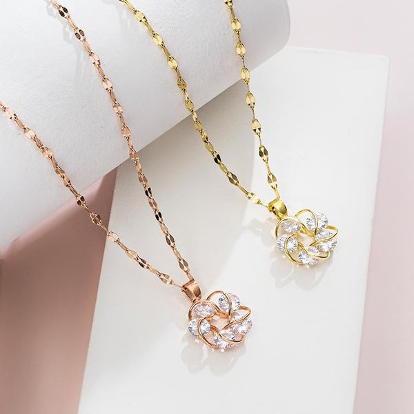 

pendant necklaces fashion elegant flower shape zircon crystal inside women clavicle female stainless steel wedding jewelry, Silver