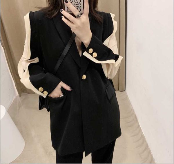 

autumn chiffon sleeve contrast stitching temperament suit single casual jacket long one button lady blazers women's suits &, White;black