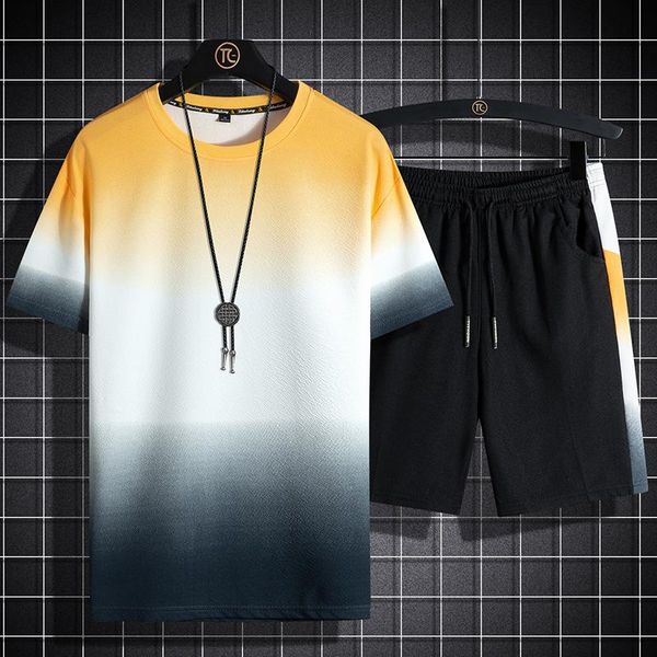 

summer men casual sets gradient color jogger loose tracksuits male short sleeve tshirt+shorts 2pc mens sportswear sport suit men's, Gray
