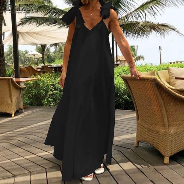 

casual dresses 2021 zanzea fashion holiday sundress bohemian summer maxi dress women v neck straps solid long beach vestidos kaftan rob, Black;gray