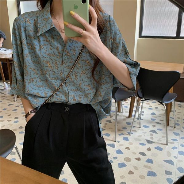 

french retro blue floral women blouses summer korean style design non mainstream leisure short sleeves, White