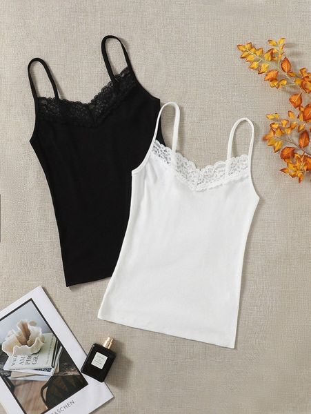 

2pcs solid lace trim cami g5ld#, White