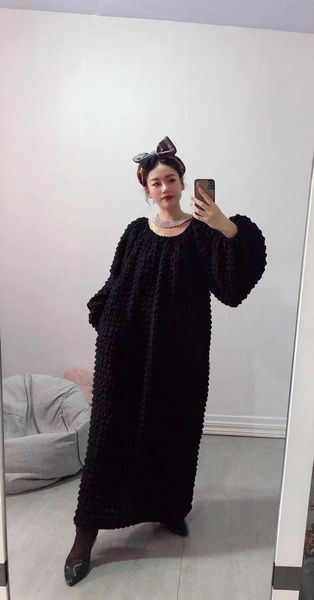 

casual dresses superaen lantern sleeve o neck loose plus size solid autumn full black dress for women, Black;gray
