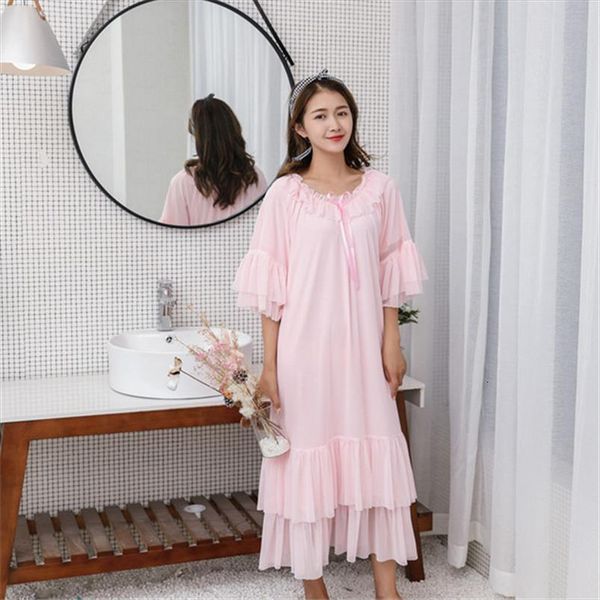 

home wear cotton outer womens sleepwears mesh long palace style princess high end nightdress nightgown sleepwear, Black;red