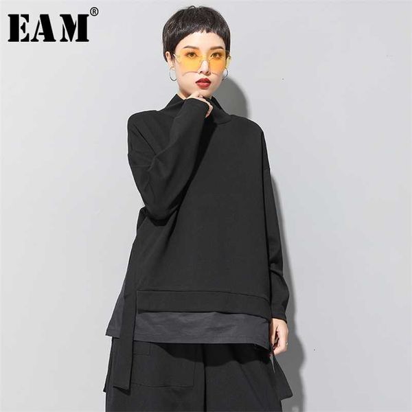 

[eam] loose fit asymmetrical oversized sweatshirt high collar long sleeve women big size fashion spring autumn 19a-a124 211220, Black