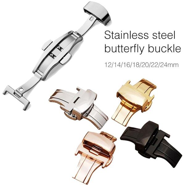 

watch bands butterfly deployment buckle automatic double button click stainless steel strap clasp band 12mm 14mm 16mm 20mm 22mm 24mm, Black;brown
