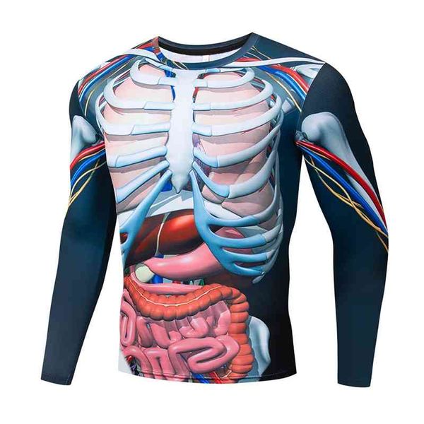 

skeleton skeleton human viscera 3d pattern long sleeve tights men's fitness elastic sweat wicking sportswear, Gray