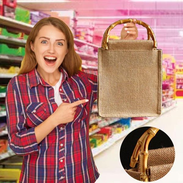 

storage bags fashion retro cotton tote bag eco-friendly shopping with waterproof layer bamboo handle hand-woven