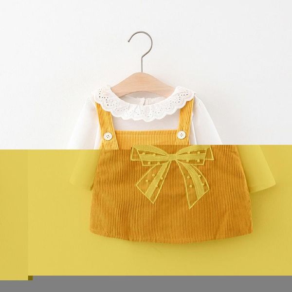 

girl's dresses autumn girls kids princess dress children baby infants overall corduroy bow vestido + long sleeve t-shirt, Red;yellow