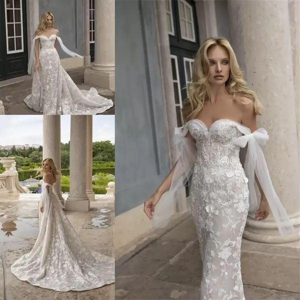 

off the shoulder wedding dresses 2022 sweetheart backless detachable train beach country bride robes mermaid bridal gown vestidos de novia, White