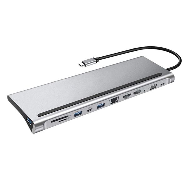 12-in-1-Stationen, Typ-C-Hub zu Dual-HD-kompatibler RJ45-Multi-USB-3.0-Netzteil-Dockingstation für Laptop-Unterstützung, PD-Übertragung