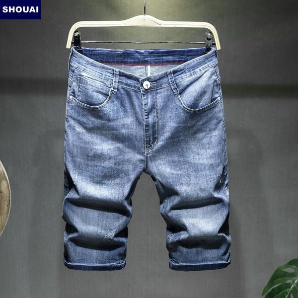 

denim shorts men's spring and summer straight tube loose thin trend casual elastic medium hollow jeans, Blue