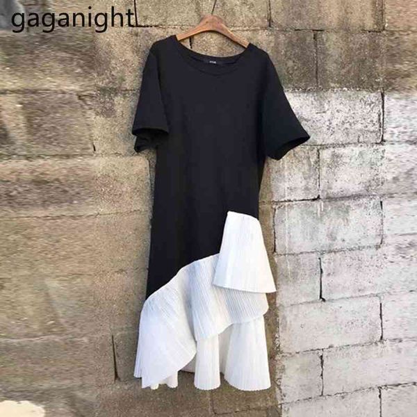 

gaganight casual loose women patchwork ruffles shirt dress short sleeve o neck fashion korean summer dresses straight vestidos 210519, Black;gray